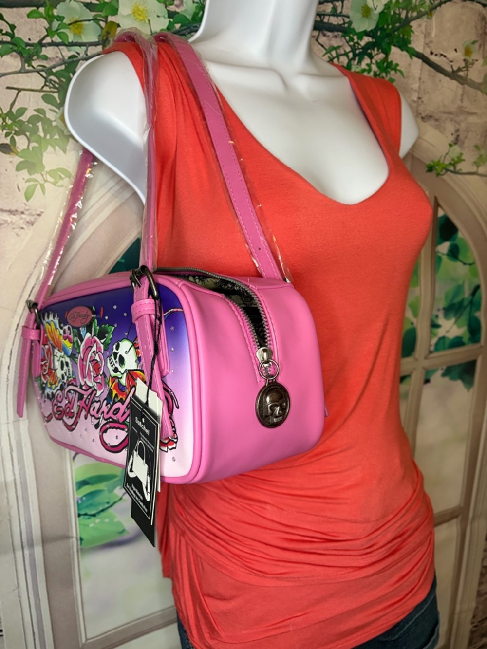 Ed Hardy Pink Satchel Bag Adjustable Straps Skull Flowers Rhinestone Y2K NWT $80 - Picture 2 of 10